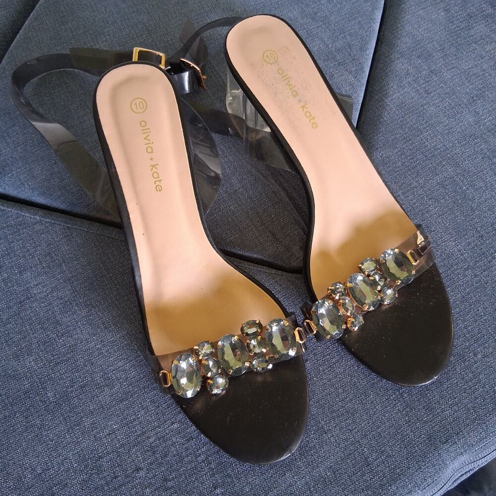 Olivia + Kate Rhinestone Clear Block Heel Sandals 10